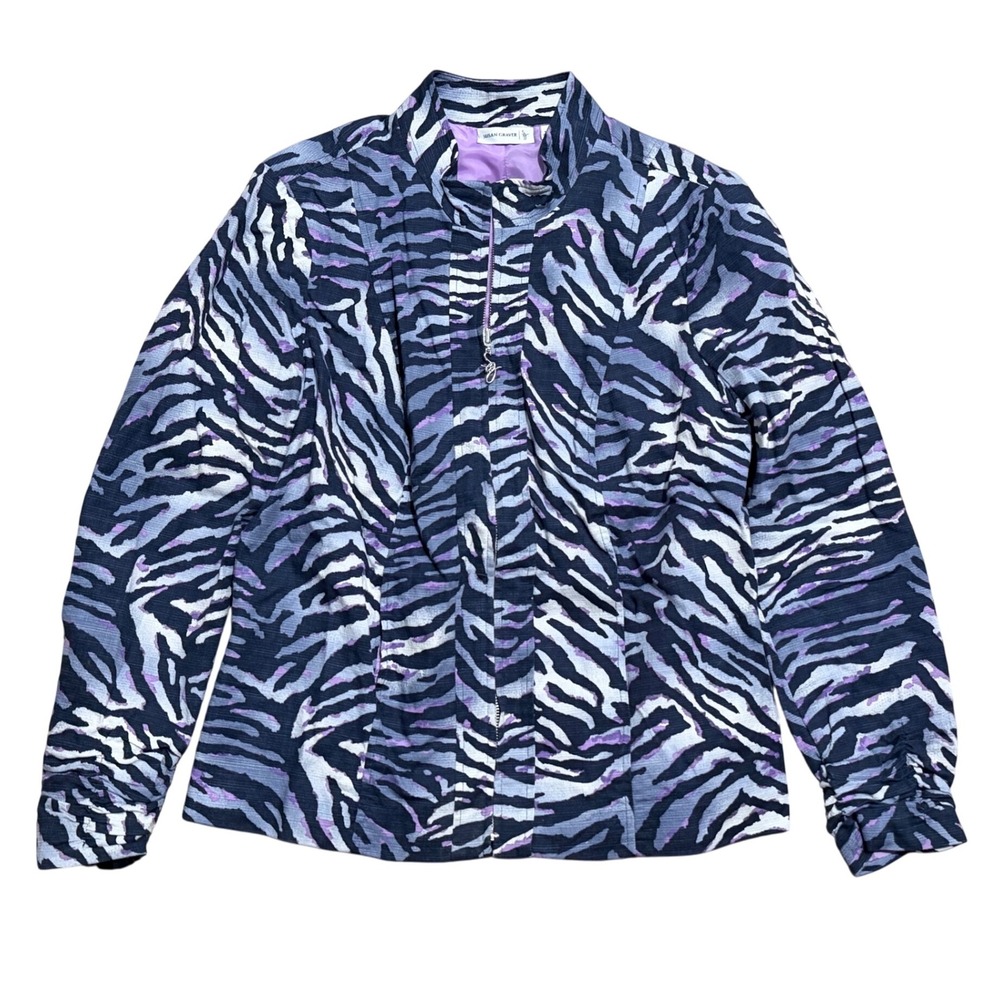 Susan Graver Womens M Medium Zebra Print Zip Front Jacket Purple Animal print